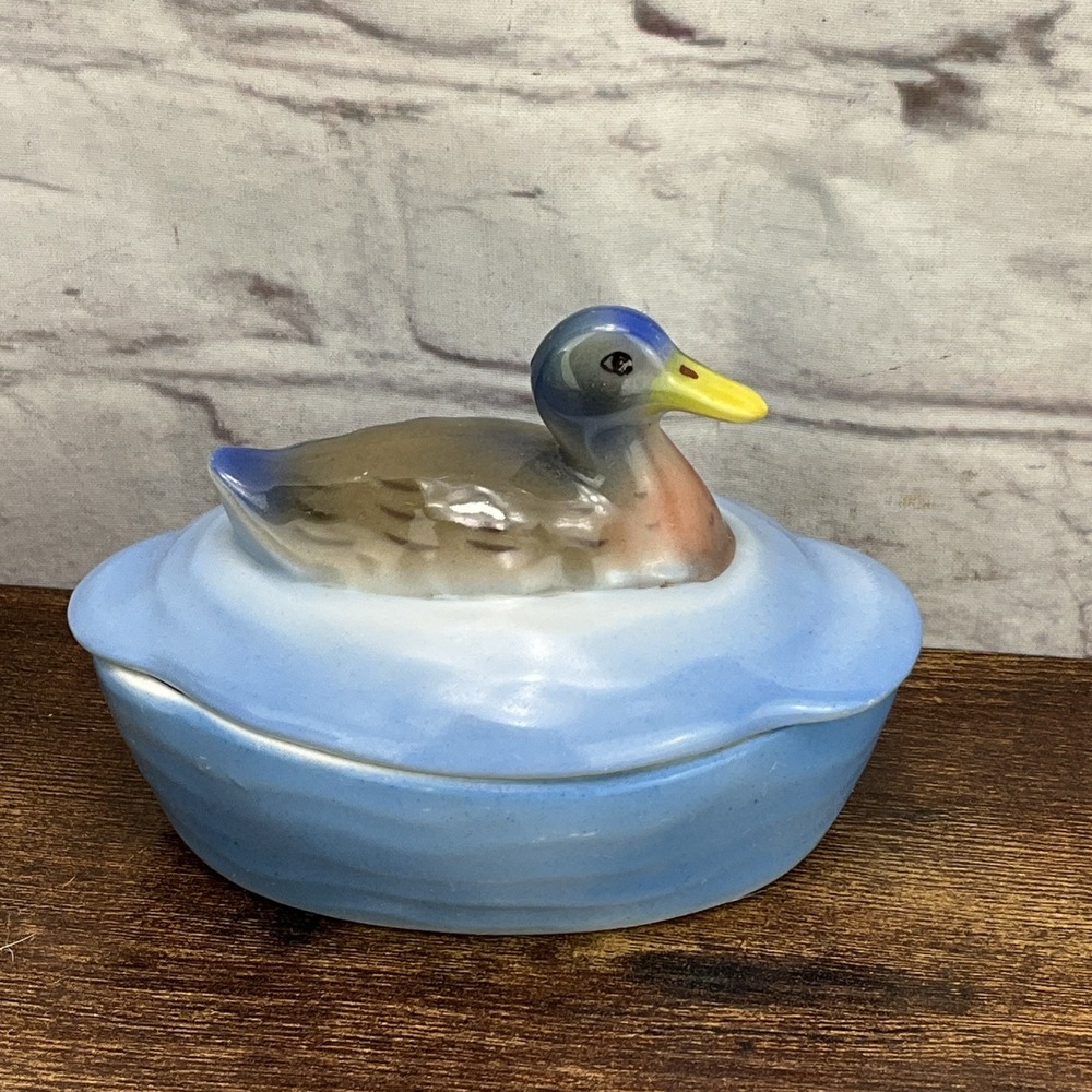 Vintage Porcelain Duck On Water Blue Trinket Dish w/Lid  5 x 3.5" Czechoslovakia